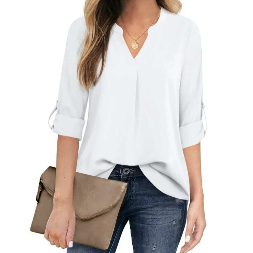 Fantaslook 3/4 Sleeve V-Neck Chiffon Blouse – White (XL)